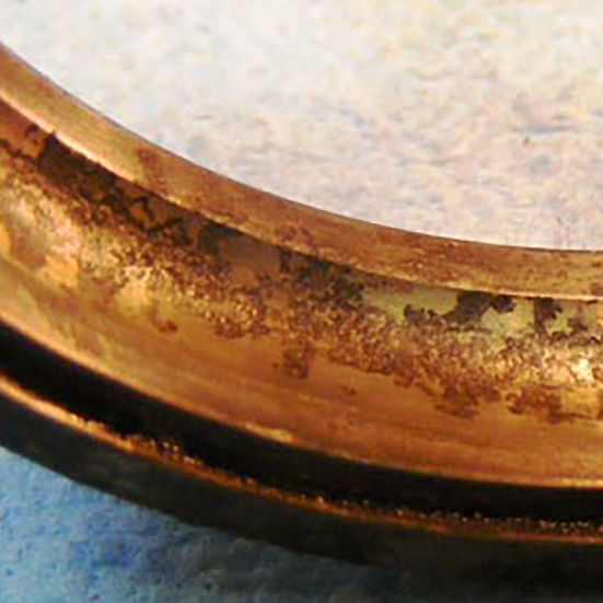 Rust corrosion on a raceway caused by a bearing standing in moisture